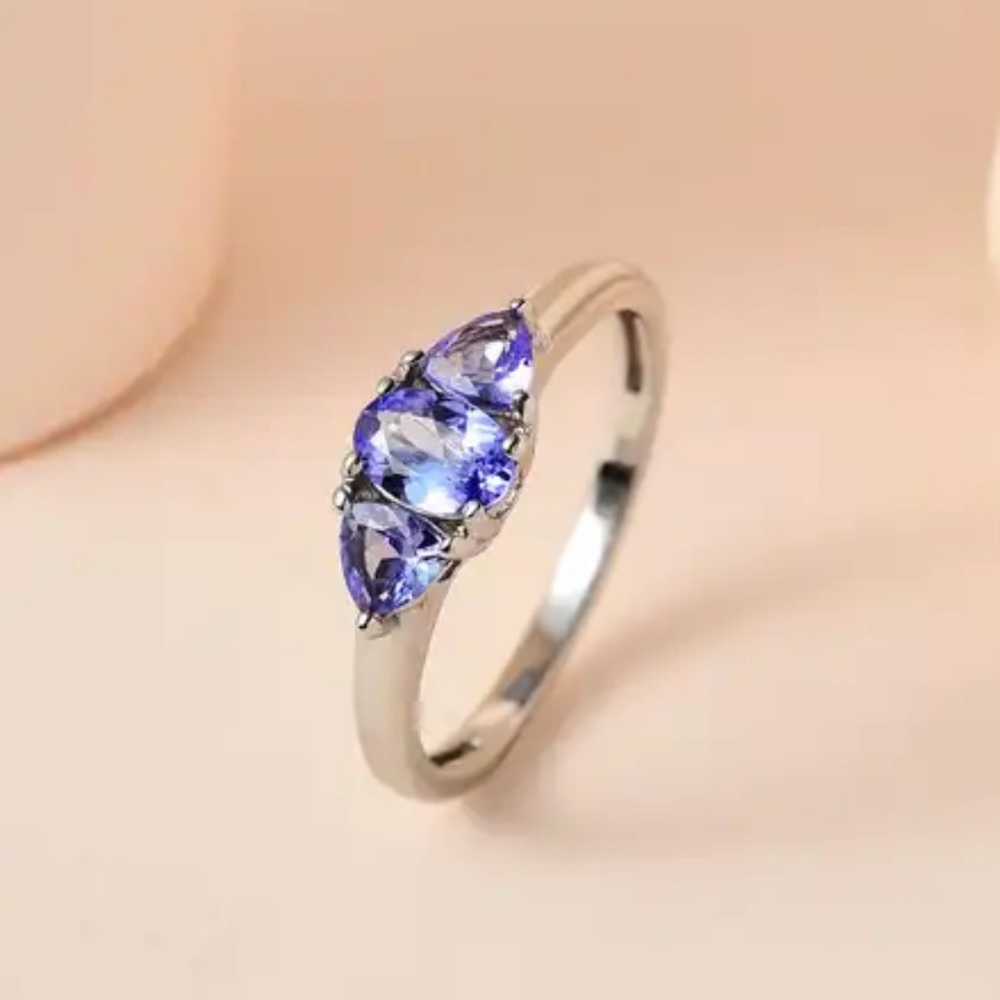 Tanzanite 3 Stone Ring in Platinum over Sterling Silver.  NWT